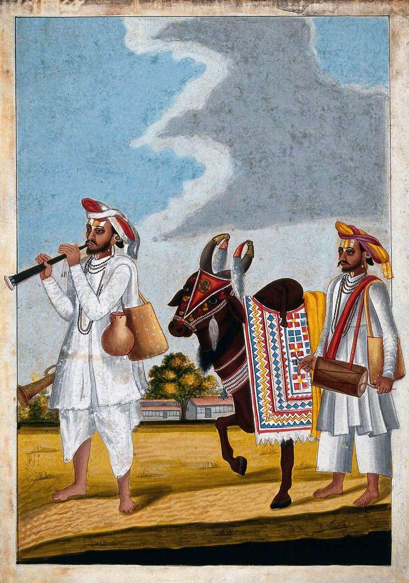 Two Hindu Musicians and a Highly Decorated Cow with the Symbol of Hanuman Painted on Its Forehead