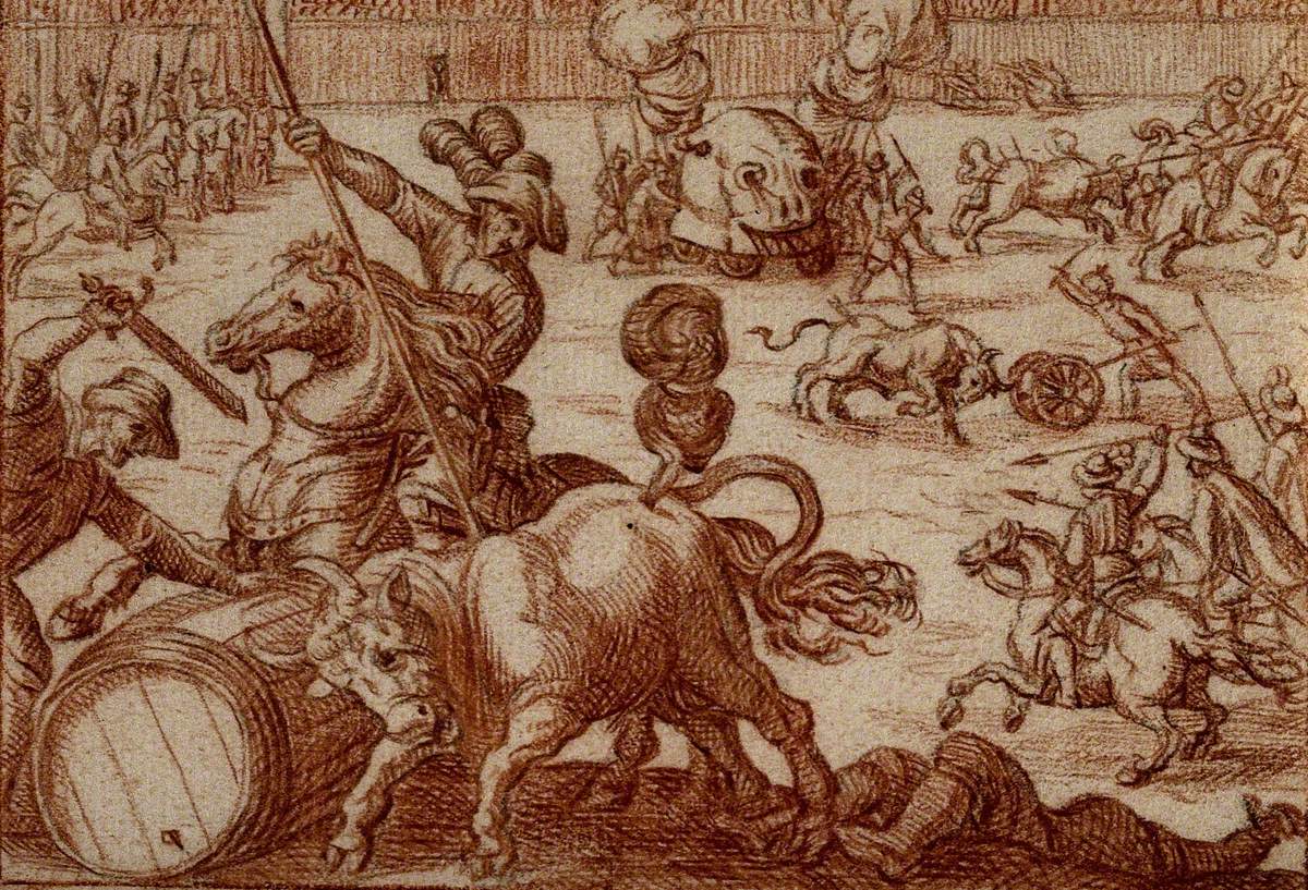 A Bull Fight with Mounted Riders and a Grotesque Machine on Wheels Emitting Smoke in the Background