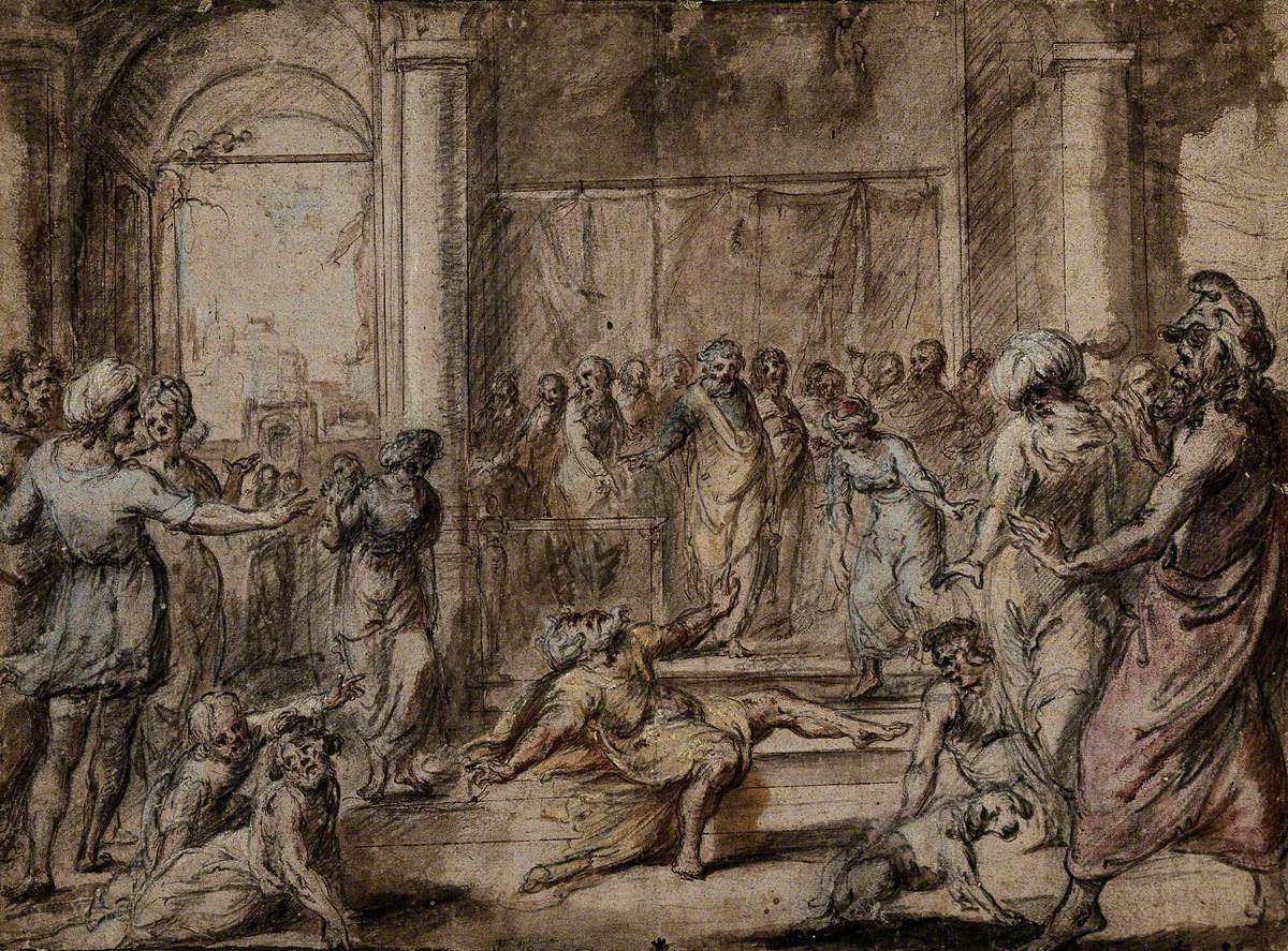 The Death of Ananias: An Elderly Bearded Man Falling to the Ground before a Large Crowd of Onlookers