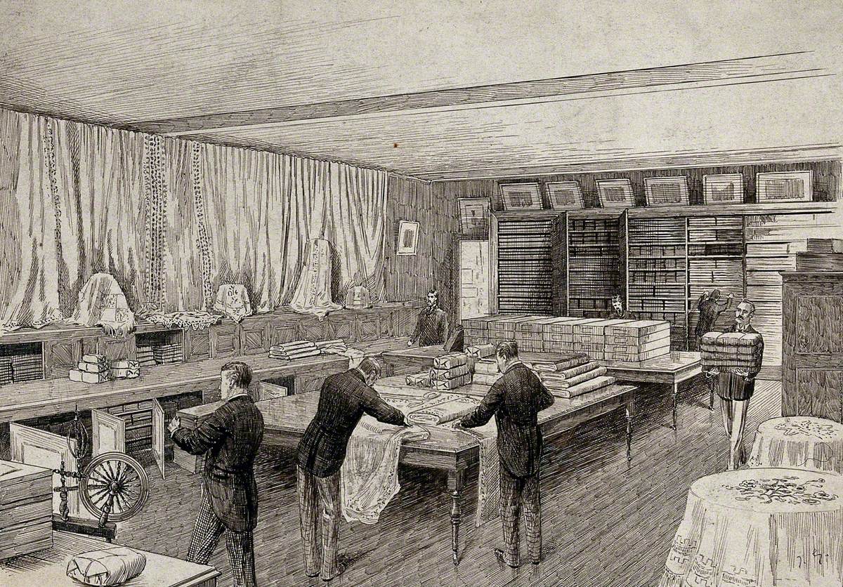 The Interior of a Draper's Shop with Figures Carrying and Measuring Cloth