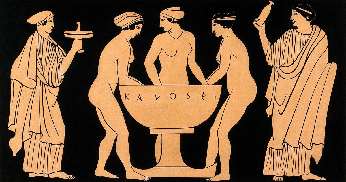 Three Women at a Washbasin, on Either Side Stand Attendants