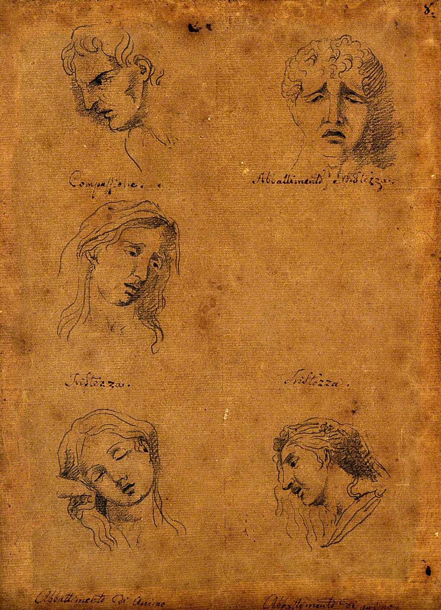 Five Faces Expressing Human Passions (Clockwise from Top Left): Compassion, Sadness and Dejection of Heart, a Profile and Frontal View of Dejection, and Sadness