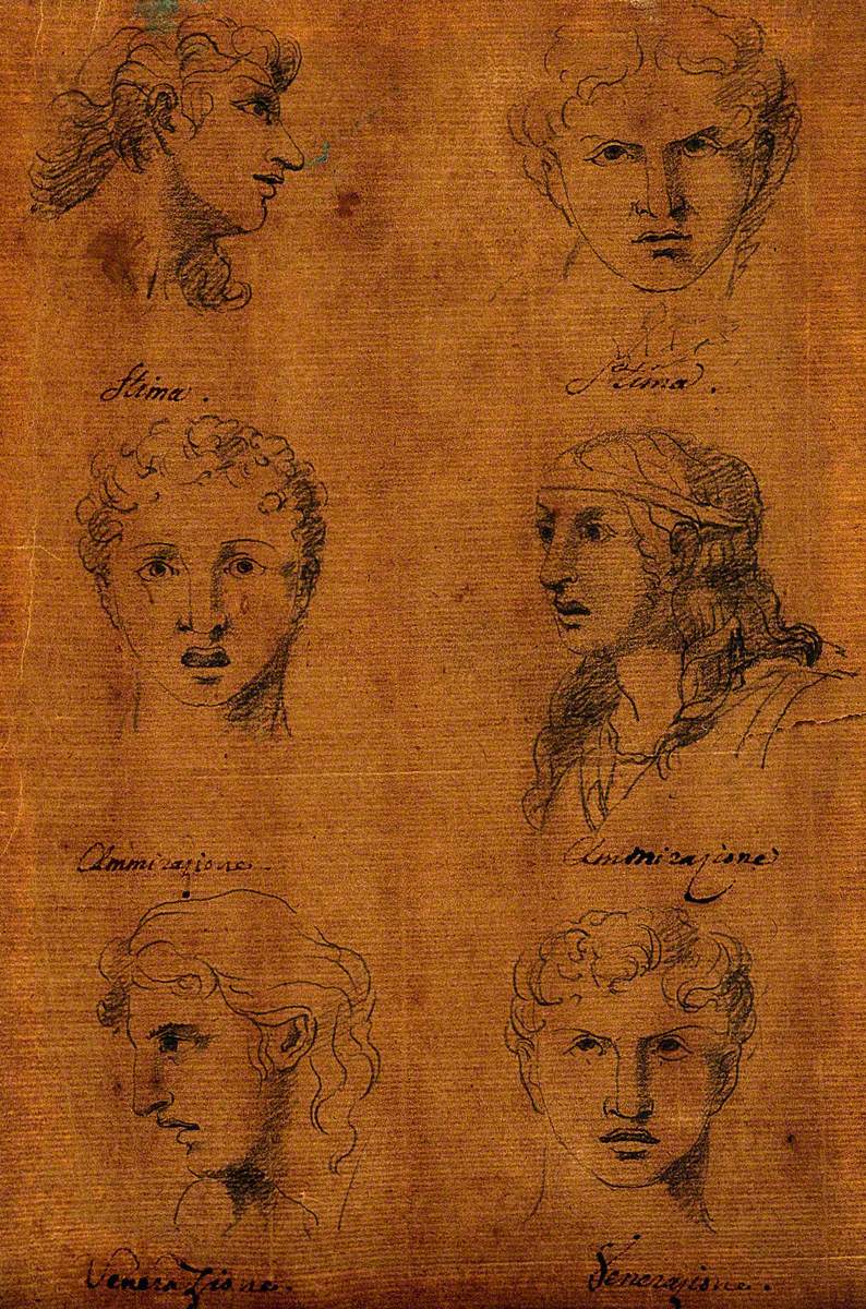 Six Faces Expressing Human Passions: Profiles and Frontal Views of Admiration, Desire and Veneration