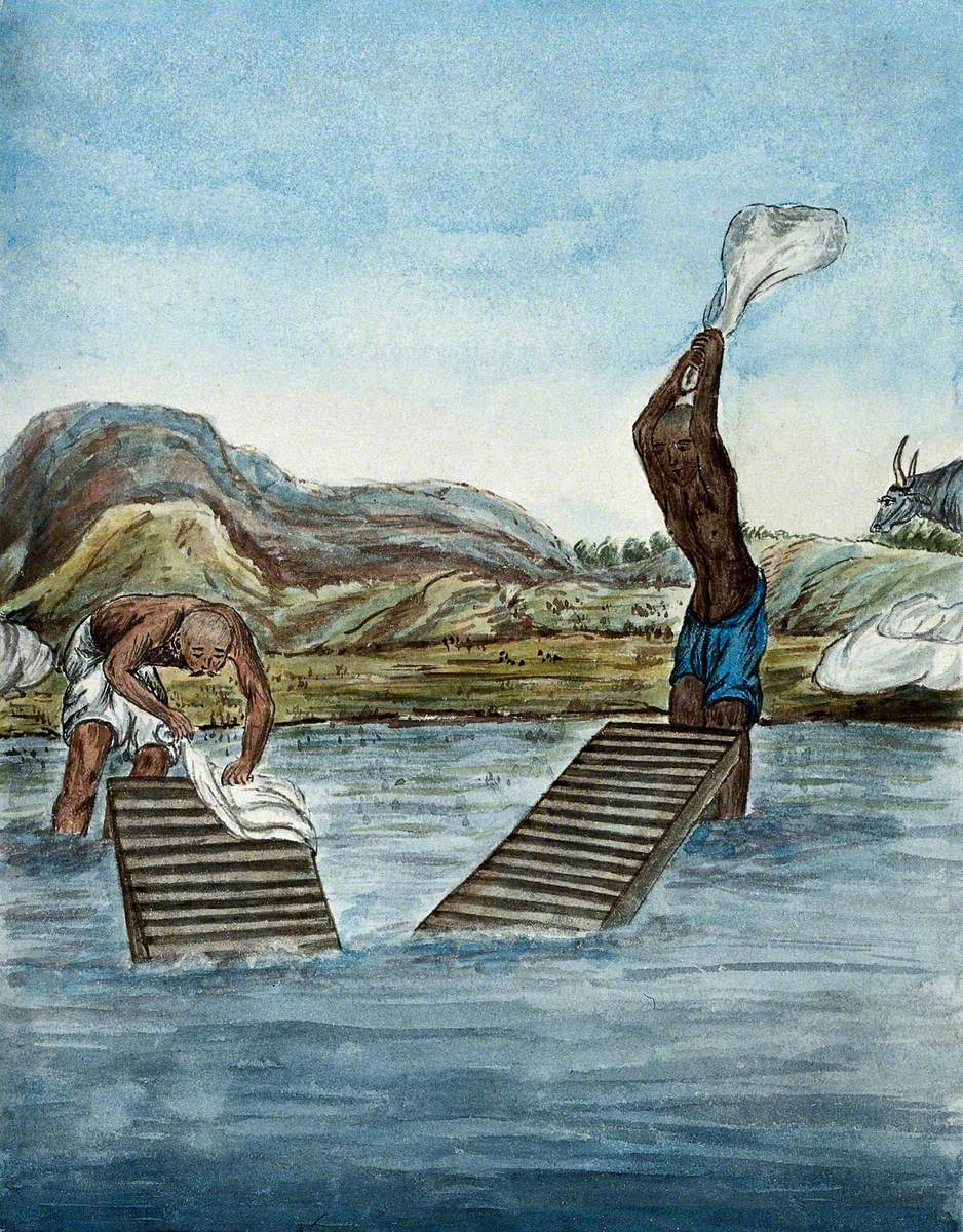 Two Washermen Cleaning Clothes by Beating Them Against Washing Racks in a River
