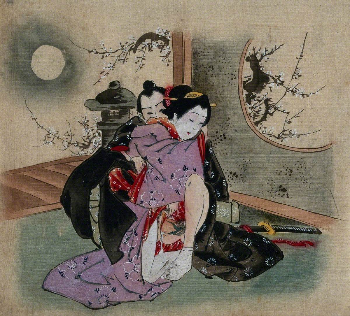 A Couple Making Love, outside the Room a Garden Is Seen by Moonlight