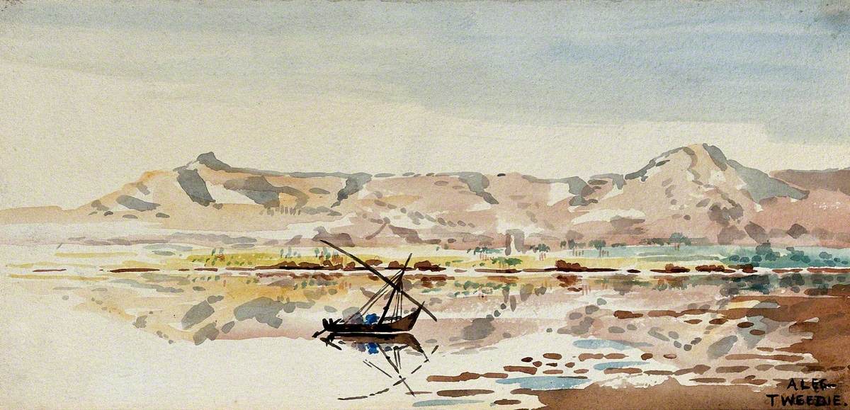 Sailing Boat on the Nile with Mountains in the Distance
