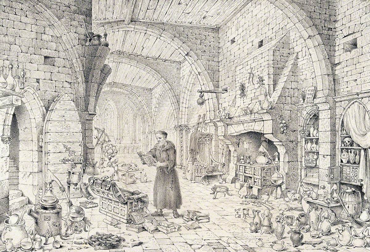 An Alchemist in a Long Robe Standing Reading above an Open Chest of Books Which He Has Rifled Through; A Large Vaulted Hall Surrounds Him, Littered with Alchemical Apparatus