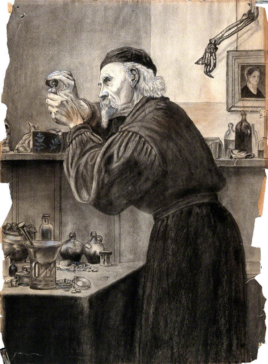 A Chemist in a Gown and Skull Cap, Pouring Fluid from a Bottle