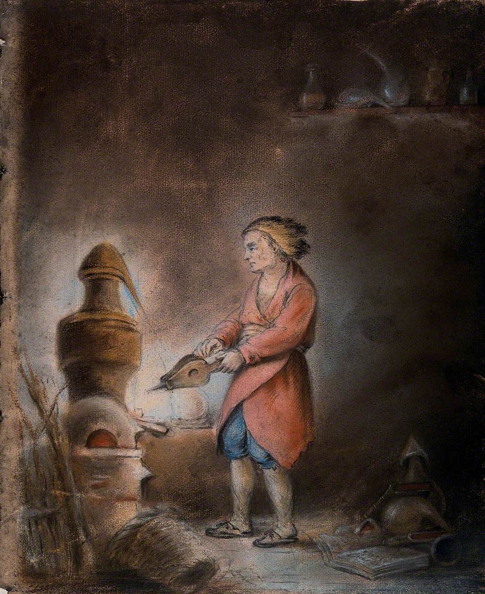 An Alchemist in a Short Orange Gown Blowing Bellows into a Still with an Alembic
