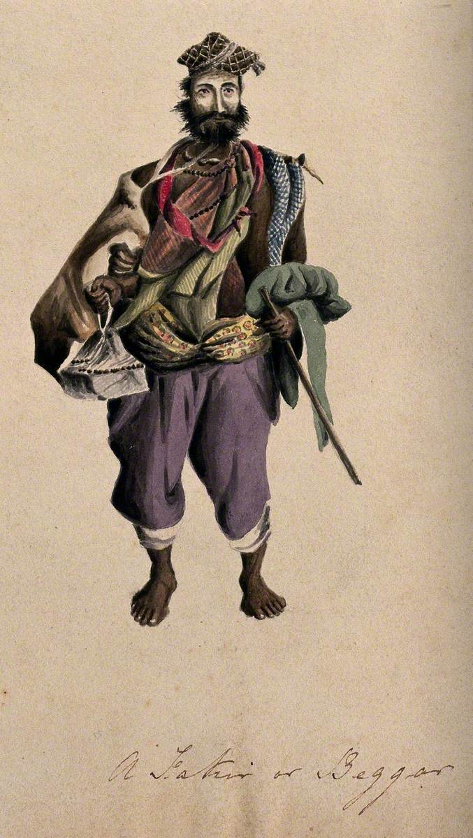 A Barefoot Man Wearing a Cloak, Hat and Beads: He Is Carrying a Stick