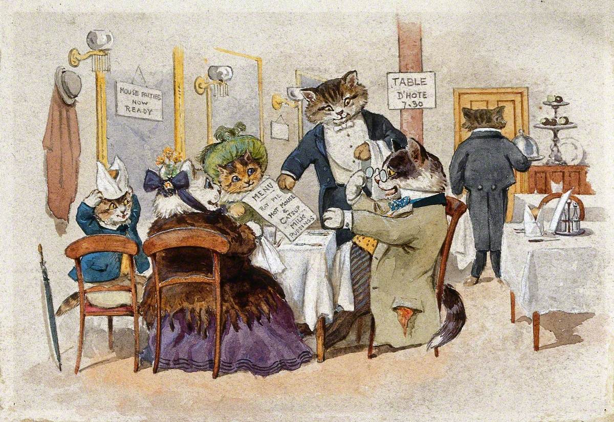 A Group of Cats Dressed as Gentry Dining in a Restaurant