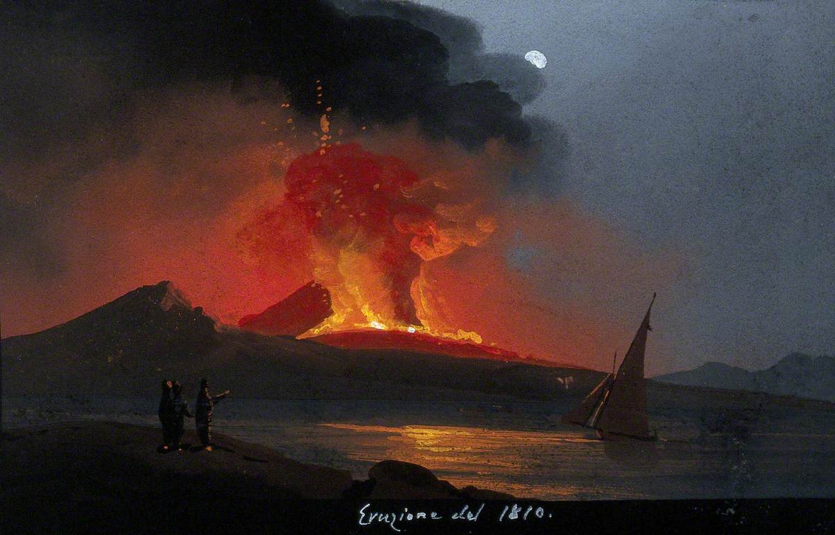Mount Vesuvius in Eruption at Night, with Smoke, Fire and Lava, over the Bay of Naples