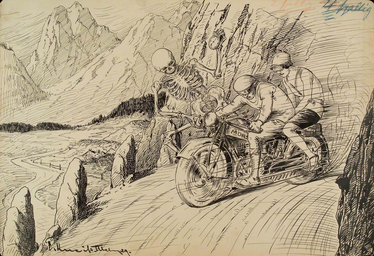 A Man and a Woman Riding a Motorcycle on a Mountain Pass, Being Diverted by Death Off the Road and into the Valley Below