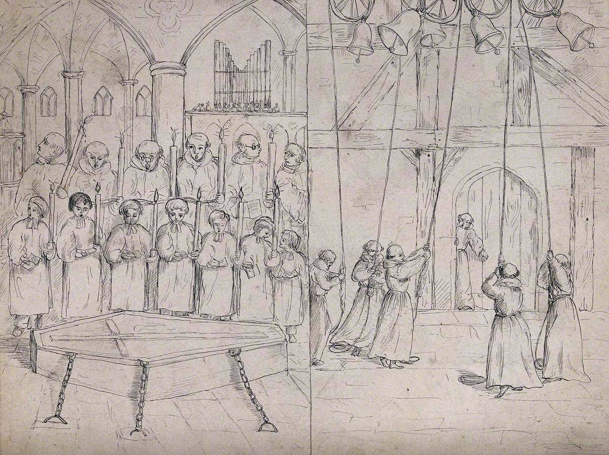 Left, a Choir Singing Mass for a Deceased Placed before Them in a Coffin; Right, Monks Ringing Bells in a Belfry