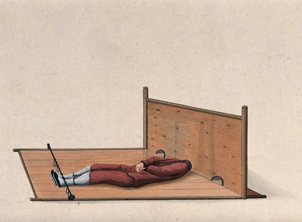 A Chinese Man Confined to a Contraption Similar to Stocks Which Constrains the Movement of His Head and Pins His Legs down on Wooden Planks
