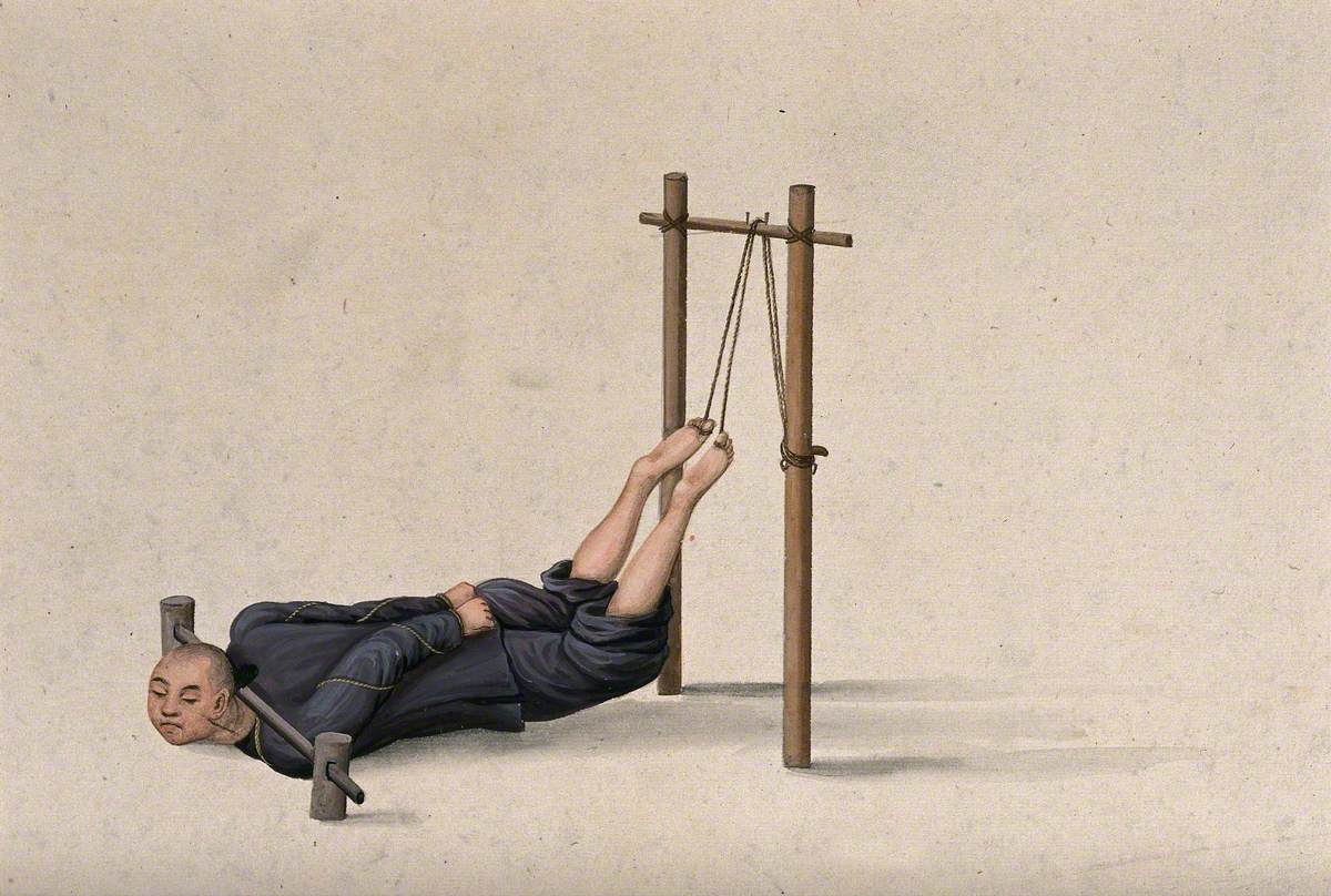 A Chinese Man Confined to a Contraption Which Ties His Legs to a Wooden Gallows whilst Pinning His Head Firmly to the Ground