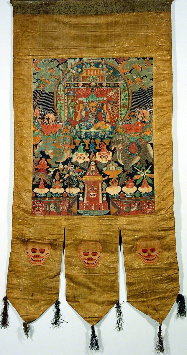 Attributes of Chos-Skyon Dam-can rDo-rje Legs-pa in a 'Rgyan Tshogs' Banner