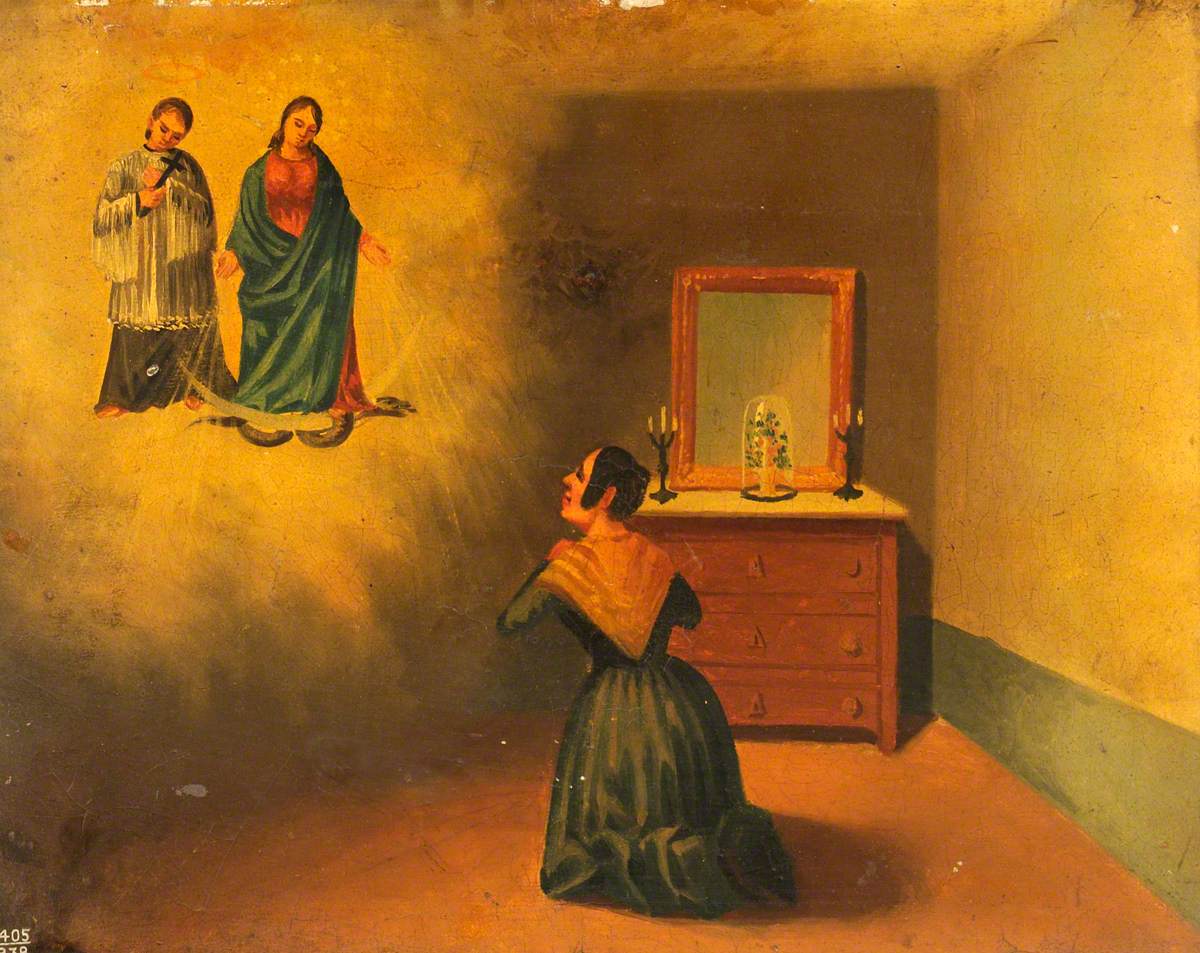 Votive Picture: A Woman by Her Dressing Table Praying to the Virgin Immaculate, Attended by a Priest (?)