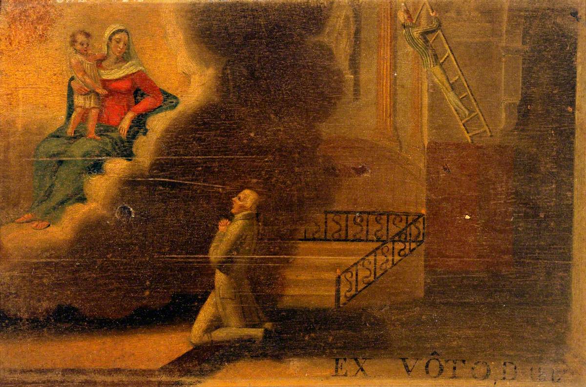 Votive Picture: A Man Praying to the Virgin and Child for a Man about to Fall from a Ladder