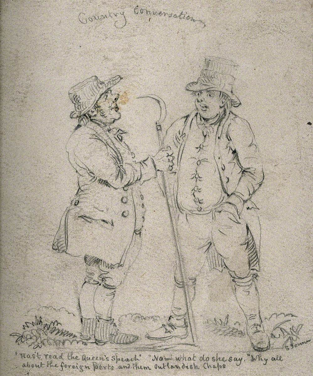 Two Gloucestershire Countrymen, One Holding a Scythe, Conversing about Foreign Affairs