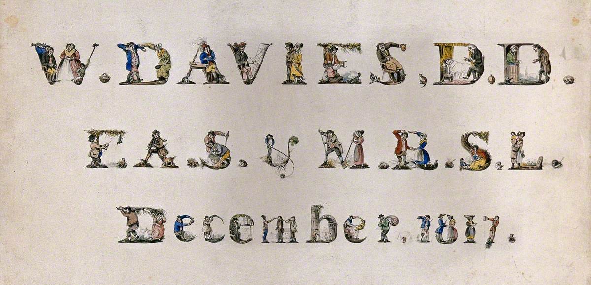Vignettes of Daily Life, Forming Decorated Letters Spelling the Name of W. Davies