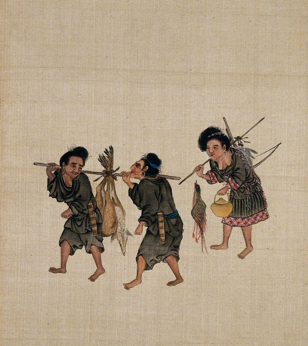 Three Female Hunters Carrying Dead Animals and Birds on Poles on Their Shoulders