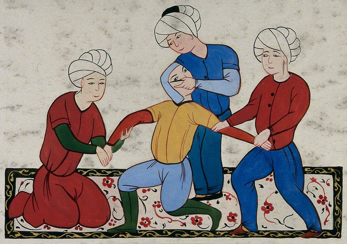 A Persian Surgeon Performing an Eye Operation on a Man Held by Two Other Men