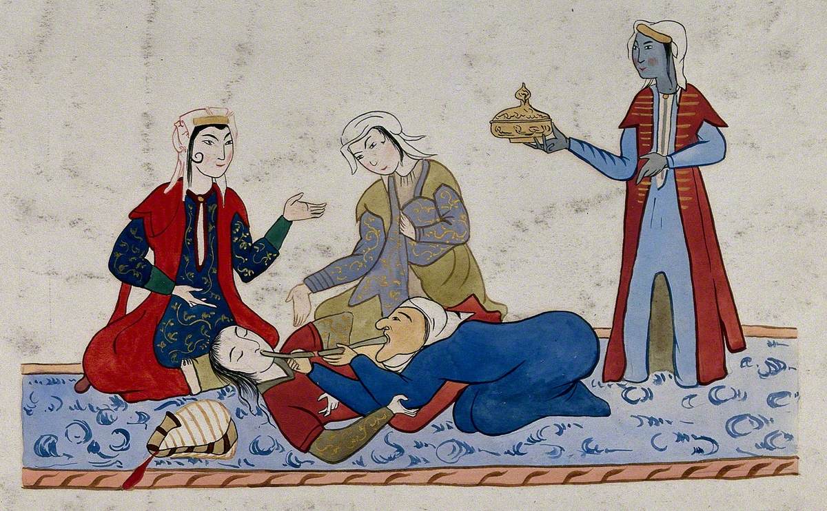 A Persian Doctor (?) Is Administering Nasal Medication to a Man Lying on the Floor; Three Men in the Background