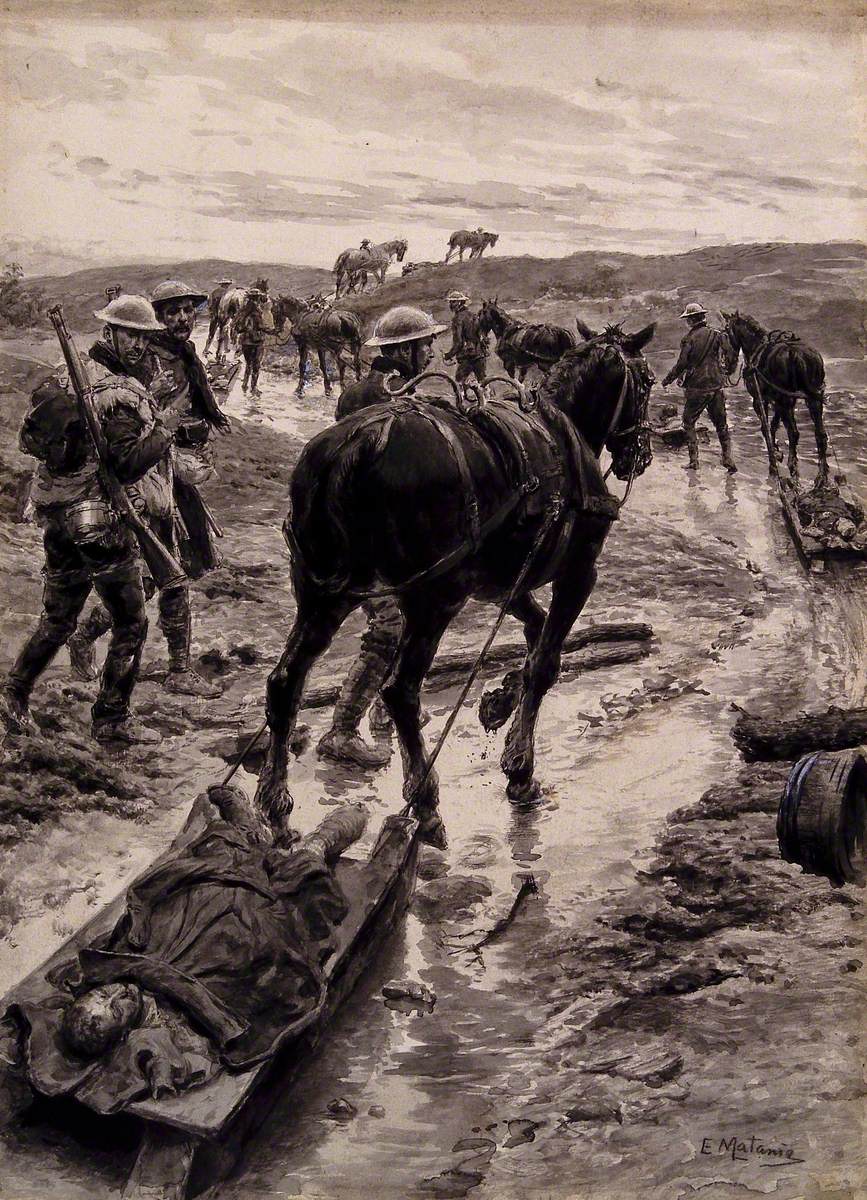 First World War: A Horse Is Removing a Wounded Man on a Sledge