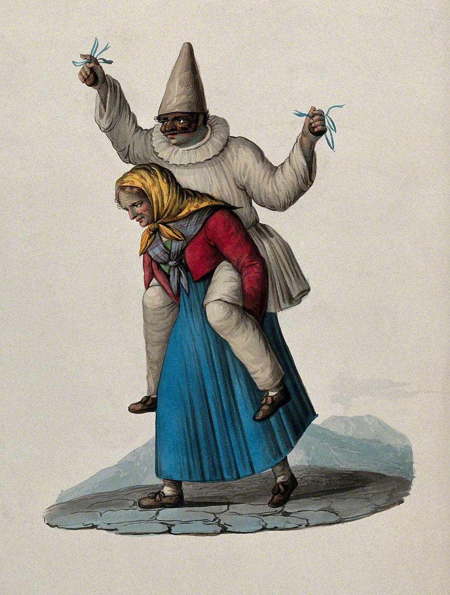 An Old Woman Is Carrying a Masked Man Wearing a White Pointed Hat on Her Shoulders, Commedia dell'Arte (?)