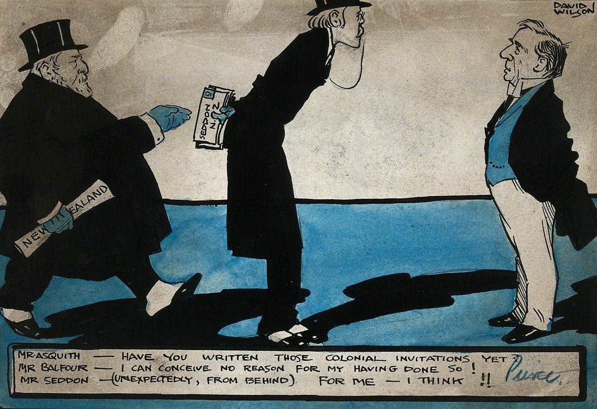 H.H. Asquith (right) asks Arthur Balfour (centre) whether he has sent out invitations to colonial leaders; Balfour replies that he has not, but Richard Seddon, Prime Minister of New Zealand, enters from the left to claim his invitation.