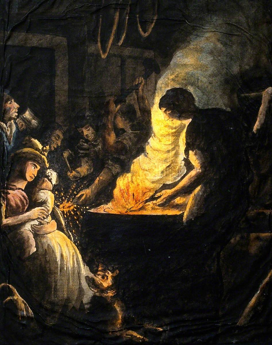A Woman with a Child on Her Lap Is Seated in the Workshop of a Blacksmith (?) with Two Dogs at Her Feet