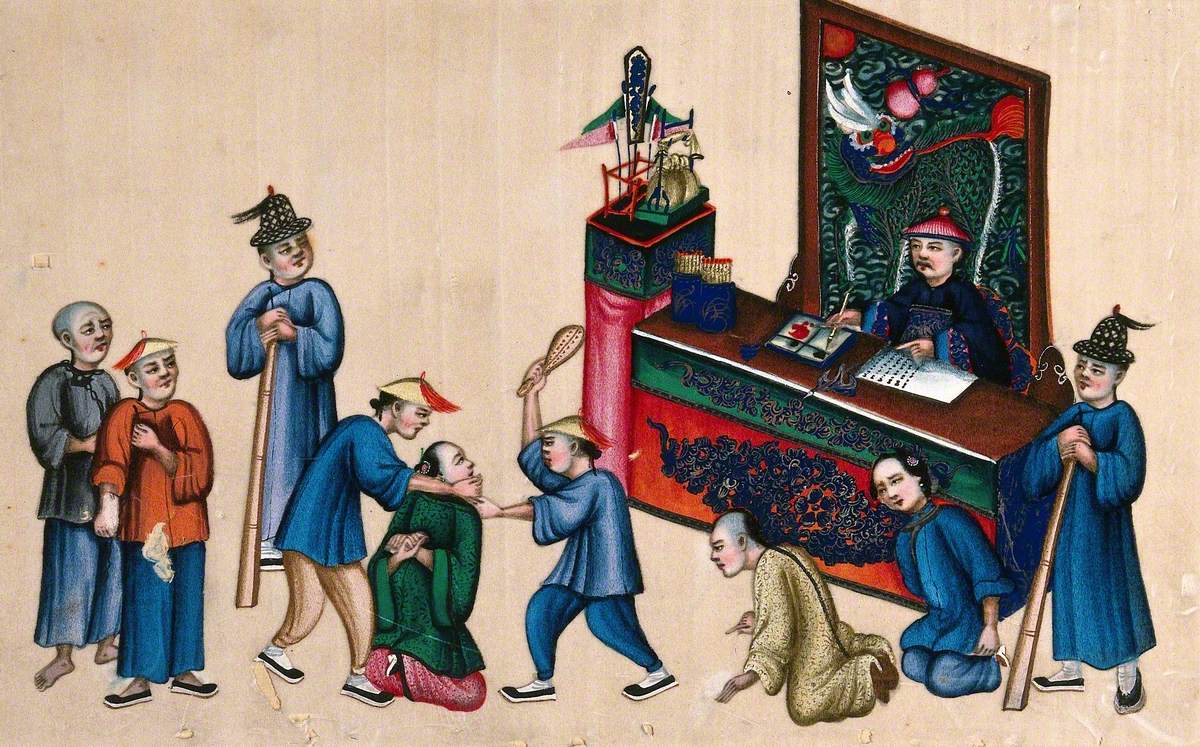 A Chinese Courtroom (?): A Woman Is Shown Being Beaten, as She Kneels before a Formally Dressed Official, Who Is Writing at a Desk