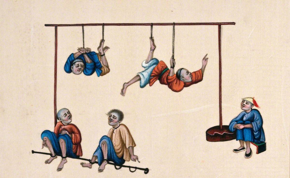 Chinese Prisoners Being Subjected to Torture: Two Men Are Shown Bound and Suspended from a Horizontal Pole, Watched by Their Torturer, while Two Others Await a Similar Fate Below