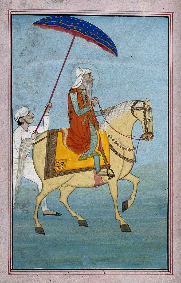 A Sikh Man on a Horse Followed by a Man Holding a Parasol