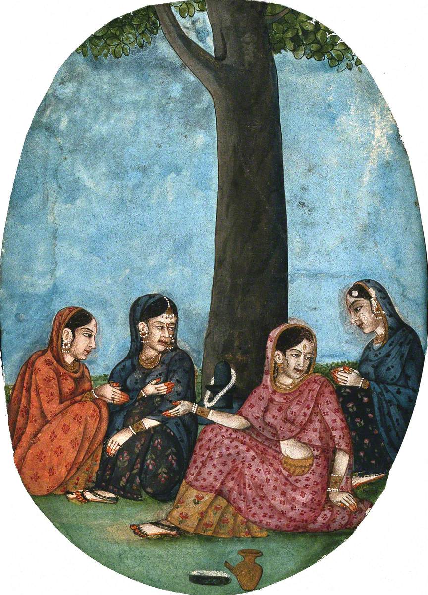 Four Indian Ladies Sitting under a Tree next to a Shivling