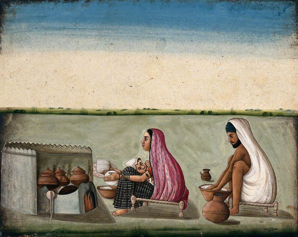 A Couple Preparing Tandoori Rotis: The Woman Faces the Tandoor and Shapes the Bread with Her Hands as She Nurses Her Baby whilst the Man Kneads the Dough