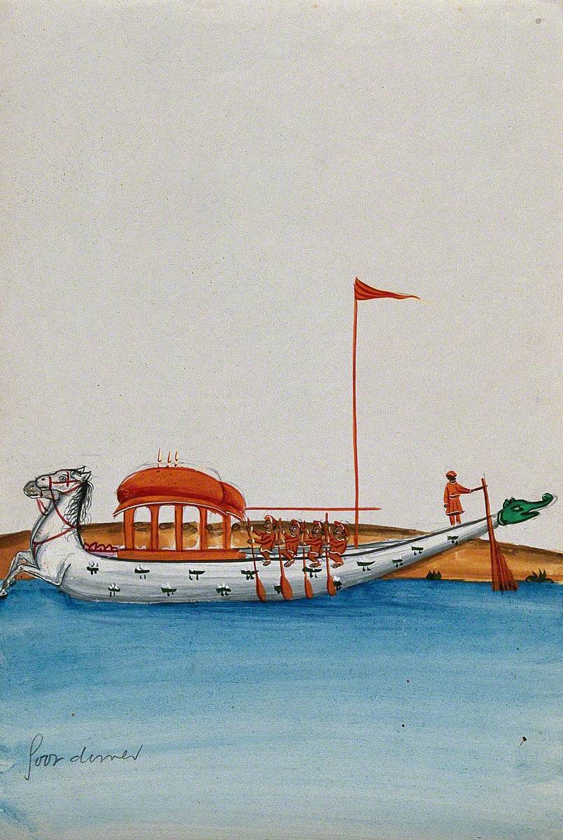 Four Men Row a Long Boat with a Domed Canopy Shaped as Two Horses in the Front and a Dragon's Mouth at the Back