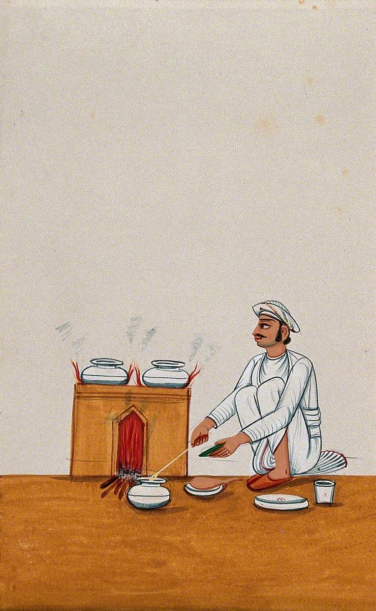 A Servant Serves Food from a Degchi (Pot) while Two Other Dishes Are Heated on the Fire