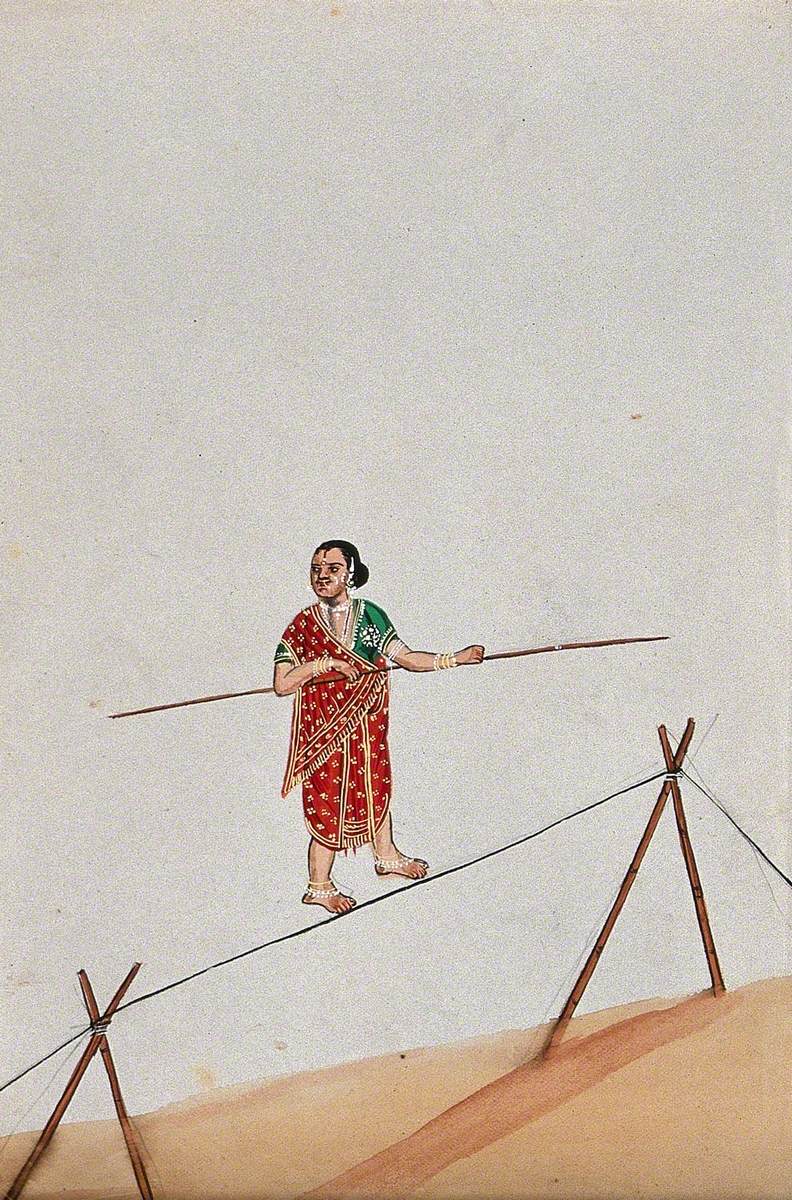 A Woman Acrobat Holding a Long Stick and Walking the Tight Rope