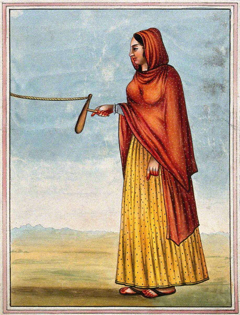 A Woman Holding a Tool to Grind (?) which Is Tied to a Rope