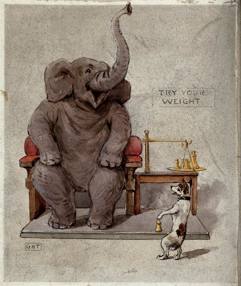An Elephant Seated in an Armchair Is Being Weighed by a Small Dog