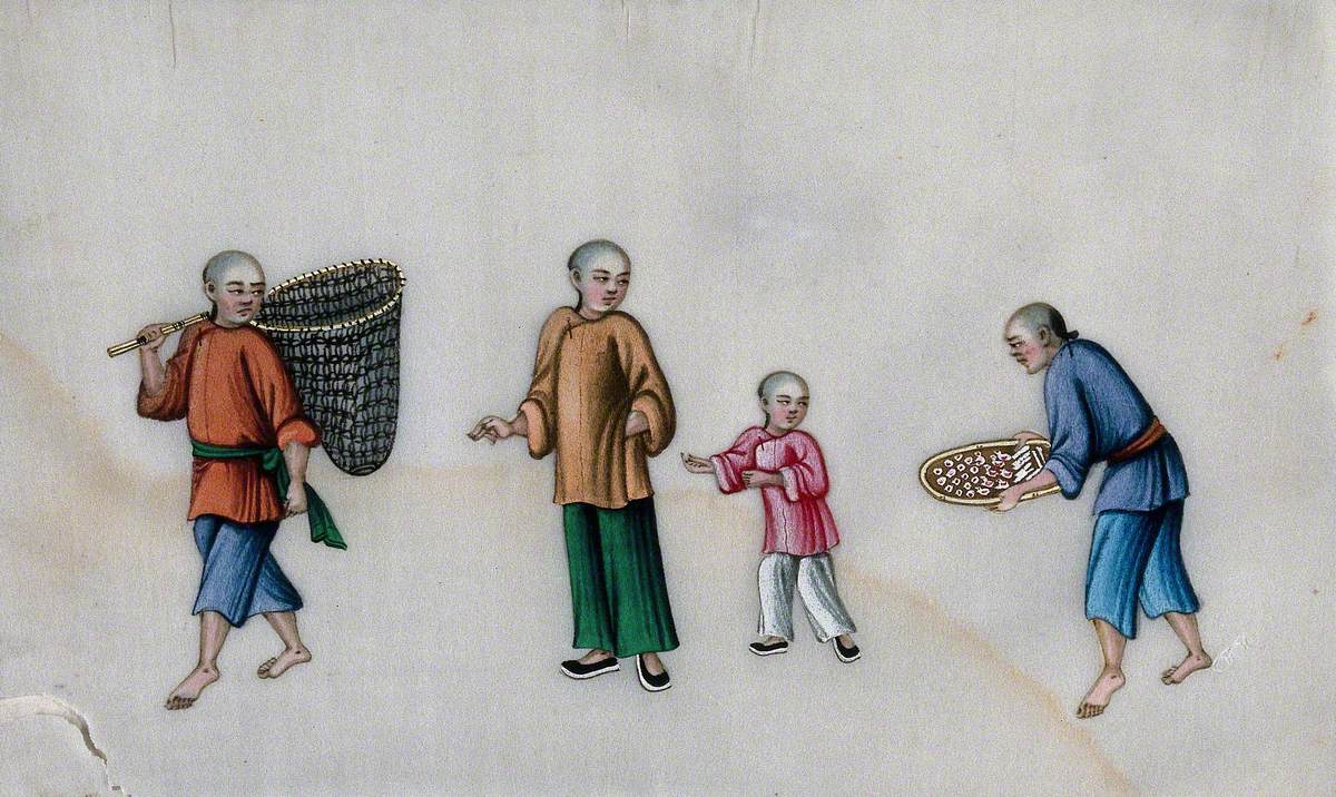 Four Chinese Figures, One with Net, Another with a Tray
