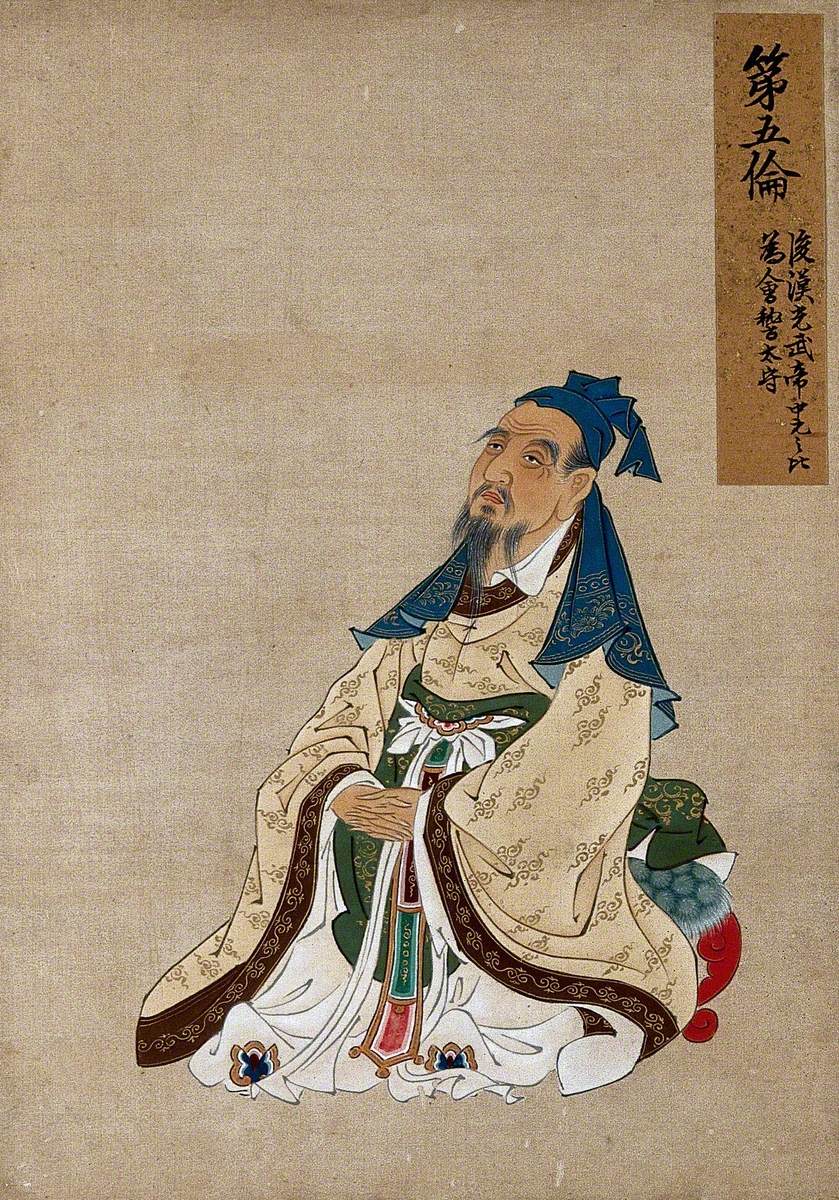 A Seated Chinese Figure with Grey Beard and Blue Hat