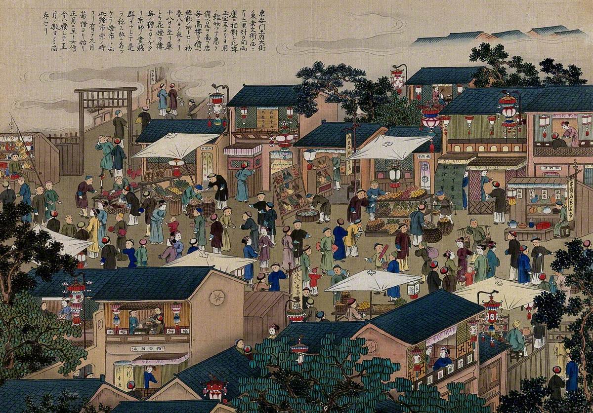 A Busy Chinese Fruit and Vegetable Market with Vignettes of Daily Life