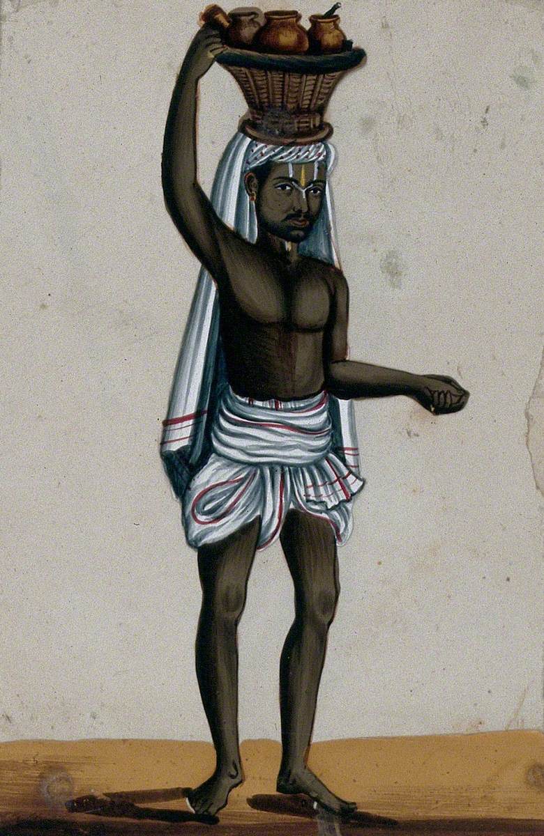 A Oil Monger Carrying a Basket with Pots Filled with Oil on His Head