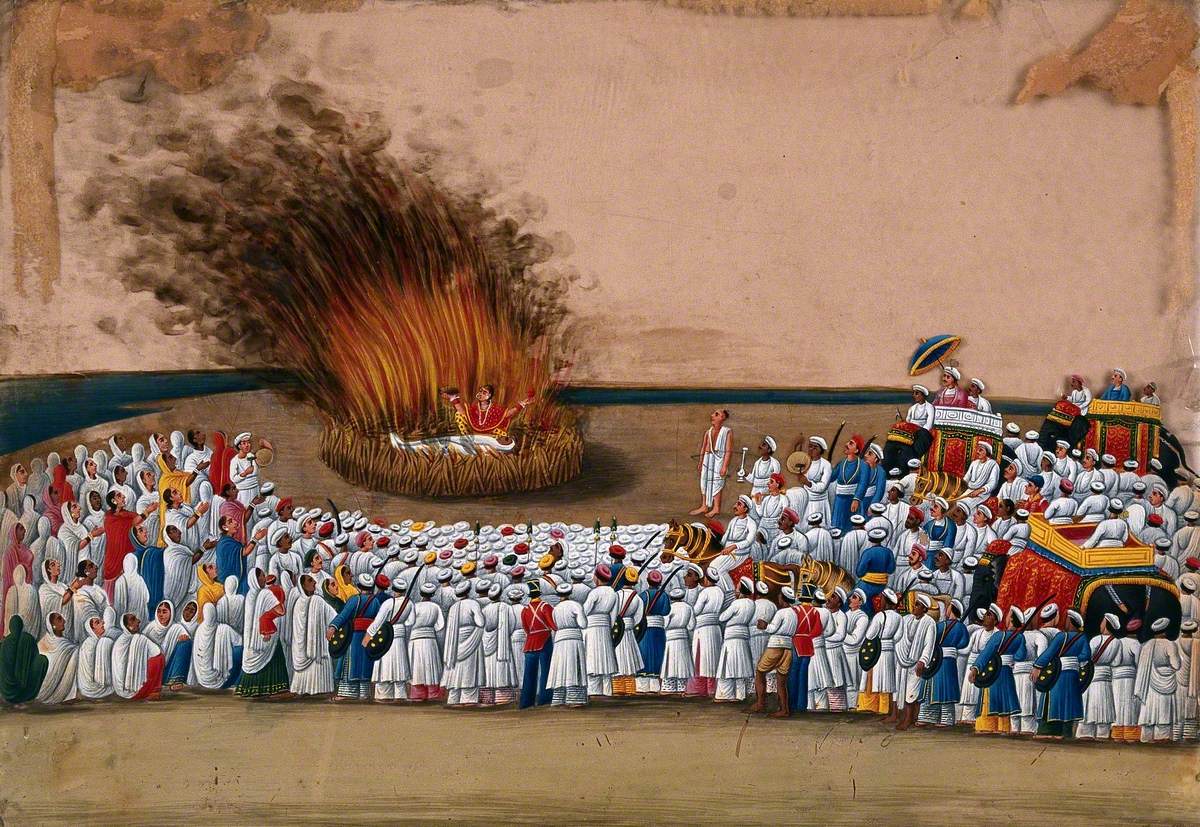 Sati (Suttee): A Widow Immolating Herself on Her Husband's Funeral Pyre as a Large Crowd Watches