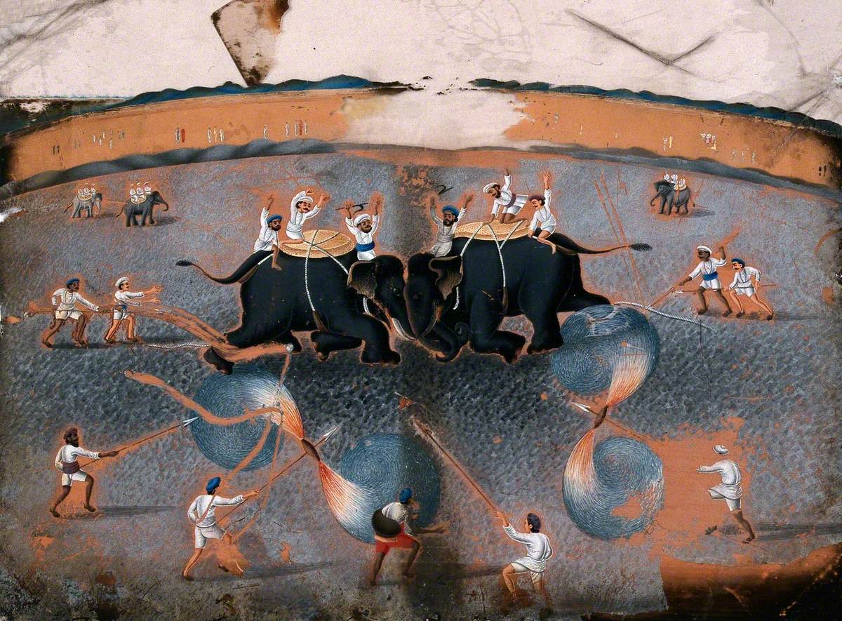 An Elephant Fight with a Few Men Holding Spears with Sparkling Fires at One End