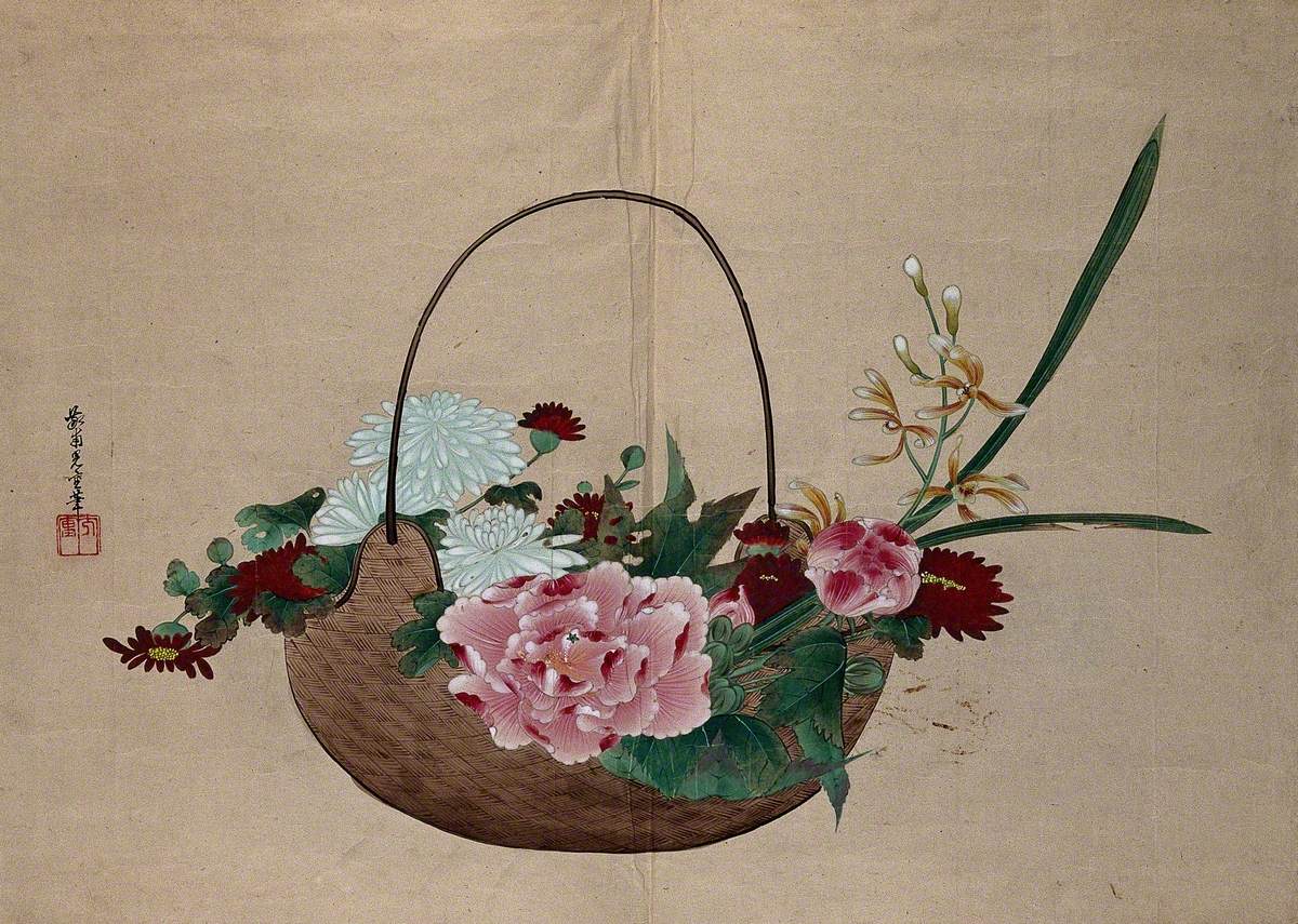 A Chinese Basket of Flowers, Peonies, Chrysanthemums and Orchids