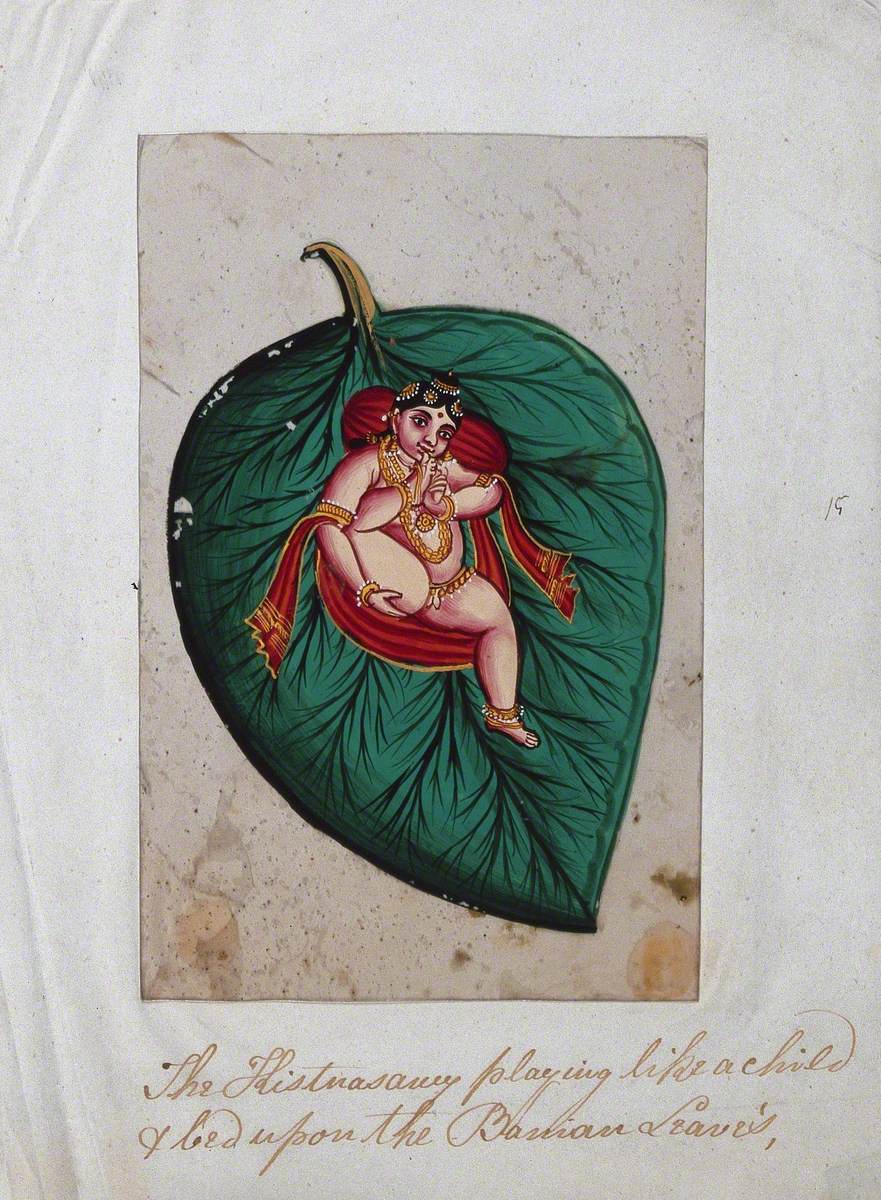 Bala Krishna Lying on a Banyan Leaf Sucking His Toe